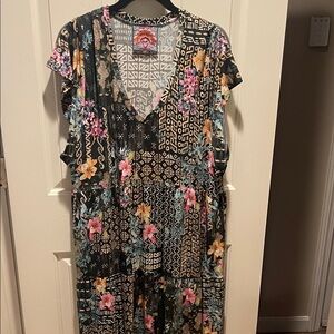 Johnny Was Black Multi Floral Patchwork V-Neck Dress